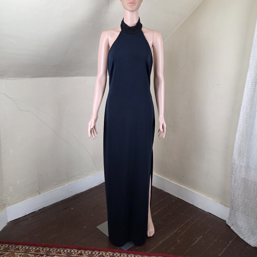 Badgley Mischka Navy Blue Halter Gown Size 6 Open Back Black Collar‎ Long Dress